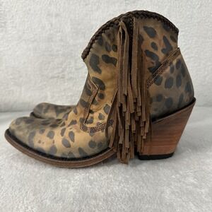 Liberty Black Cheetah Print Fringe Booties Women's 8 Chloe Chita Miel Distressed